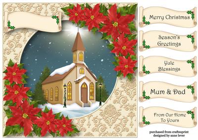 Red Poinsettias & Church with Linen Frame
