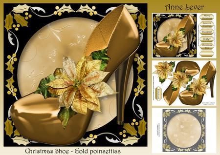 Christmas Shoe with Holly Frame - Gold Poinsettias
