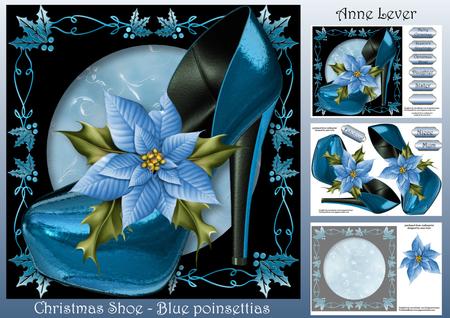 Christmas Shoe with Holly Frame - Blue Poinsettias