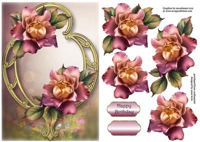 Beautiful Purple Sunset Roses on Golden Frame