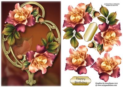 Beautiful Sunset Roses on Golden Frame