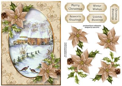 Watercolour Winter Oast Houses & Poinsettias