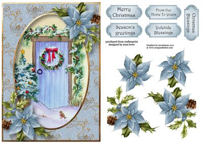 Watercolour Christmas Door, Wreath & Poinsettias