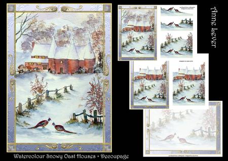 Watercolour Snowy Oast Houses + Decoupage