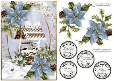 Snowy Wishing Well with Blue Poinsettias
