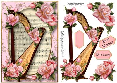 Gorgeous Harp with Sheet Music & Pink Roses