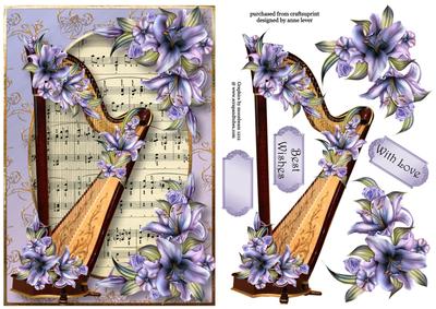 Gorgeous Harp with Sheet Music & Purple Lilies