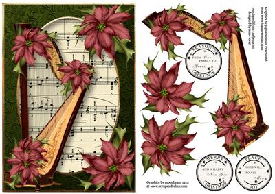 Christmas Harp with Sheet Music & Dusky Pink Poinsettias