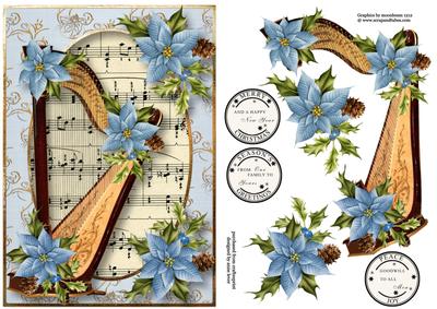 Christmas Harp with Sheet Music & Blue Poinsettias