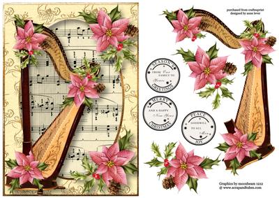 Christmas Harp with Sheet Music & Pink Poinsettias