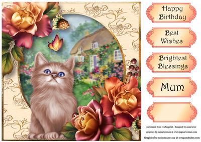 Cottage Kitten with Sunset Roses & Butterfly Quick Topper