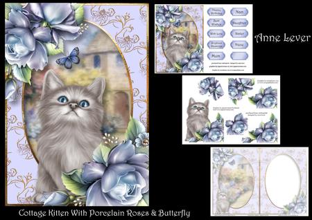 Cottage Kitten with Porcelain Roses & Butterfly