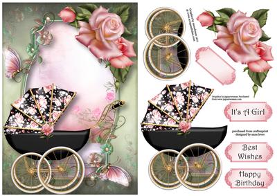 Vintage Pram & Pink Roses + Decoupage