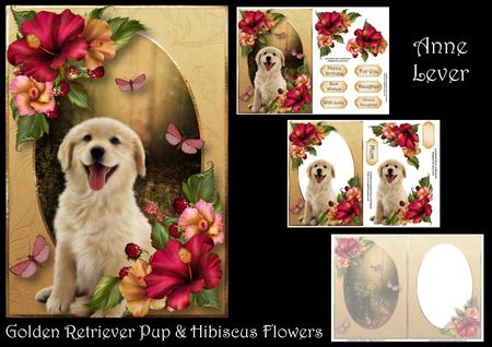 Golden Retriever Pup & Hibiscus Flowers