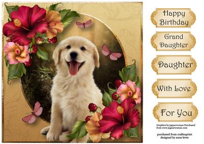 Golden Retriever Pup & Hibiscus Flowers 8x8