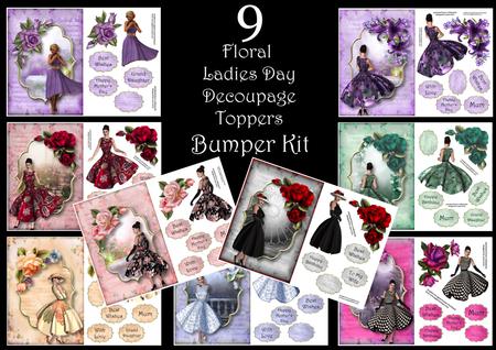 9 Floral Ladies Day Decoupage Toppers Bumper Kit