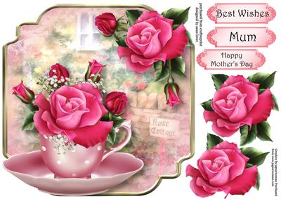 Teacup, Saucer & Deep Pink Roses - Shaped Topper