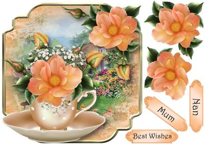Teacup, Saucer & Peach Roses - Shaped Topper