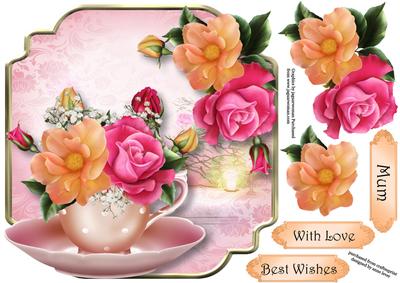 Teacup, Saucer & Peach Melba Roses - Shaped Topper