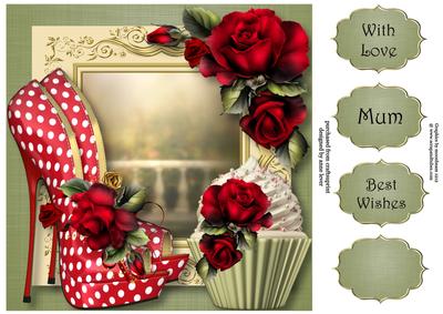 Eccentric Shoes, Cupcake & Red Roses 8x8 Quick Topper