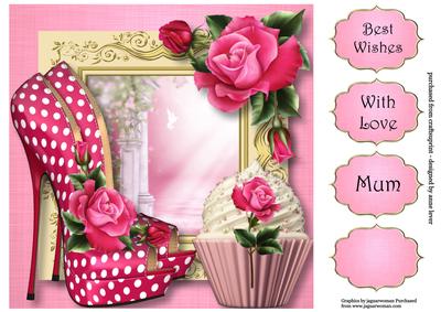 Eccentric Shoes, Cupcake & Pink Roses 8x8 Quick Topper