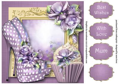Eccentric Shoes, Cupcake & Purple Roses 8x8 Quick Topper