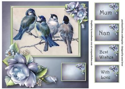 Beautiful Blue Birds & Roses 8x8 Quick Topper