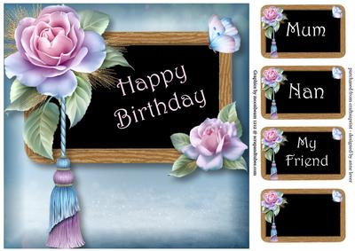 Birthday Black Board & Pastel Roses 8x8 Quick Topper
