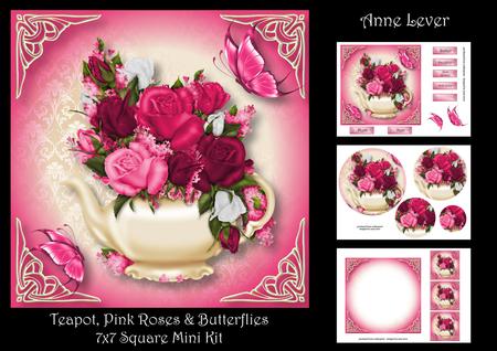 Teapot, Pink Roses & Butterflies 7x7 Mini Kit
