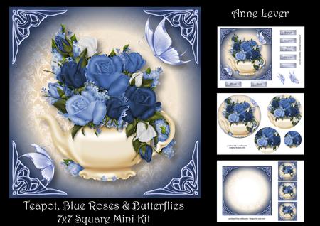Teapot, Blue Roses & Butterflies 7x7 Mini Kit