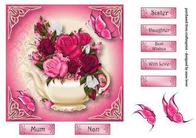 Teapot, Pink Roses & Butterflies 7x7 Square