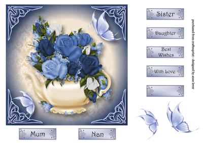 Teapot, Blue Roses & Butterflies 7x7 Square