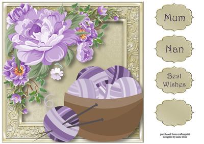 Painted Purple Flowers & Knitting 8x8 Quick Topper