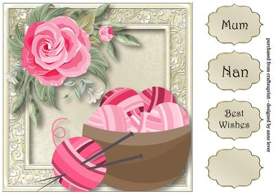 Painted Pink Flowers & Knitting 8x8 Quick Topper
