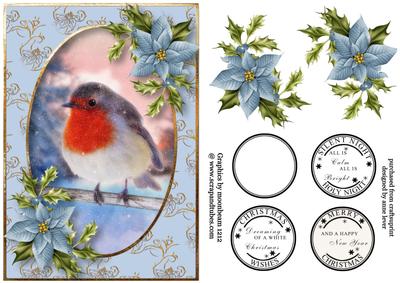 Blue Poinsettia Snowy Robin