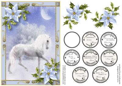 Pale Blue Poinsettias & White Snowy Horse