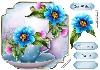 Teacup, Saucer & Blue Poppies - Shaped Topper