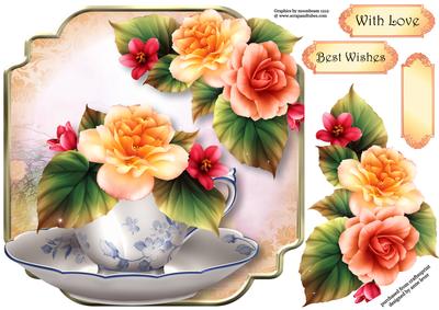 Teacup, Saucer & Peach Begonias - Shaped Topper
