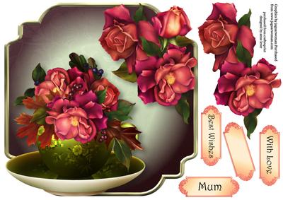 Teacup, Saucer & Autumnal Roses - Shaped Topper