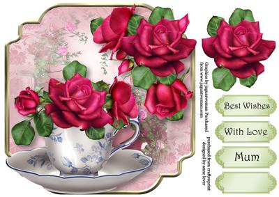 Teacup, Saucer & Celebration Roses - Shaped Topper