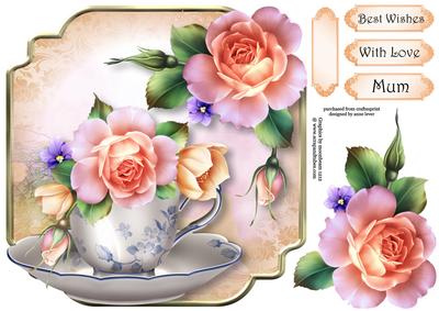 Teacup, Saucer & Spring Roses - Shaped Topper