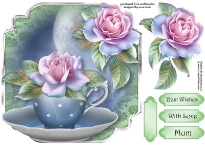 Teacup, Saucer & Frosted Roses - Shaped Topper