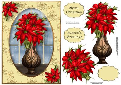 Christmas Vase of Red Poinsettias with Decoupage