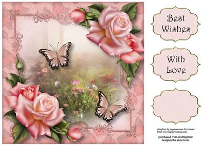 Pink Roses & Butterflies 8x8 Quick Topper