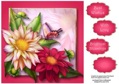 Beautiful Dahlias & Butterfly 8x8 Quick Topper