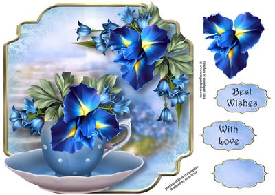 Beautiful Blue Iris Teacup & Saucer - Shaped Topper