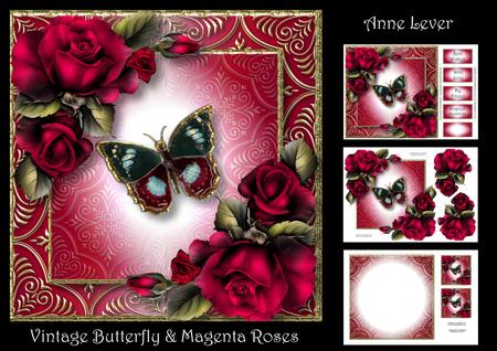 Vintage Butterfly & Magenta Roses