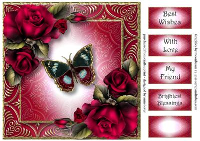 Vintage Butterfly & Magenta Roses 8x8 Quick Topper