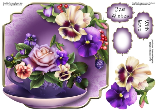 Purple & White Pansies - Teacup & Saucer