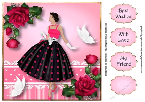 Retro Roses & Butterflies - Deep Pink 8x8